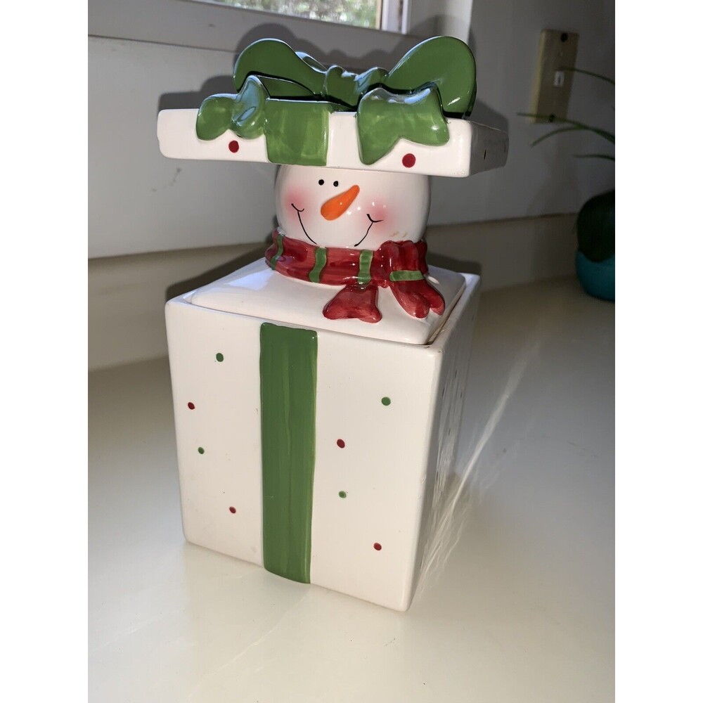 Christmas Snowman In A Present Cookie Jar by TII Collections Green Ribbon Bow